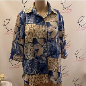 Allison Daley Petites, 8P. Poly. 3/4 Sleeve Flipped Up. Blue White Tan. B64